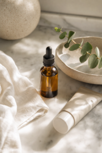 Skincare aftercare still life with amber dropper bottle, eucalyptus, mineral sunscreen on marble